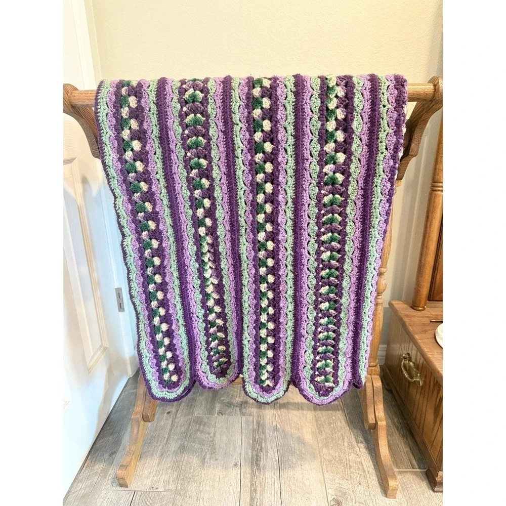 Crocheted Afghan Purple Green Cream Mile A Minute Pattern Handmade Grannycore